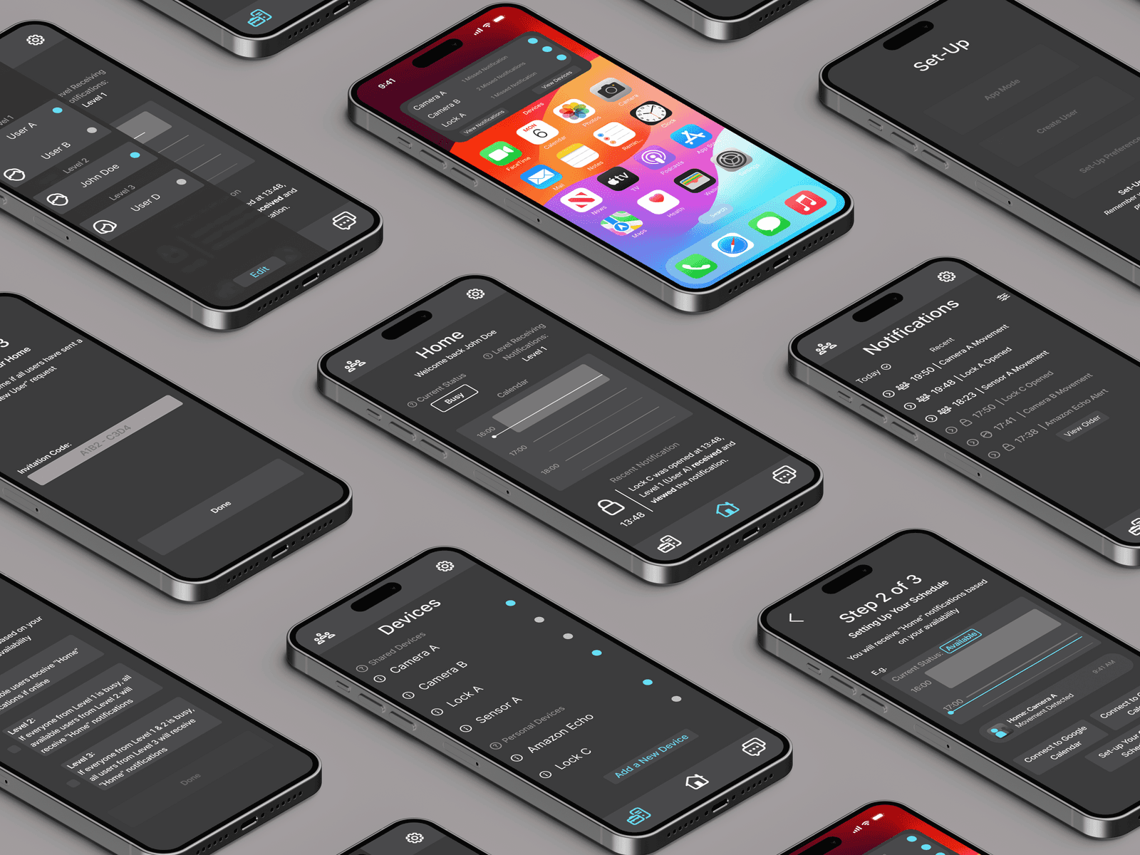 Grid of smartphones displaying the SeCo home security app screens
