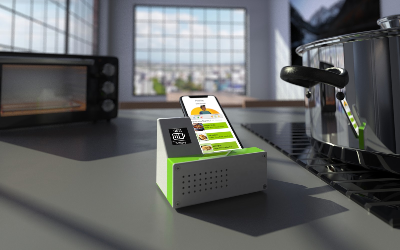 YumYap device on a kitchen counter with a smartphone docked showing a recipe